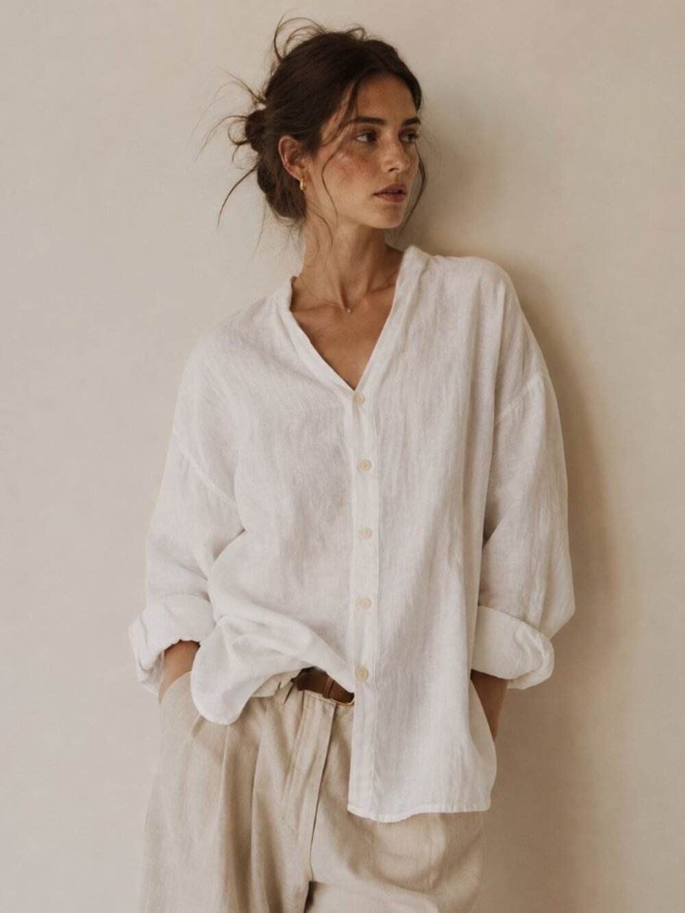 100% Linen Oversized White Button Up Shirt Size S